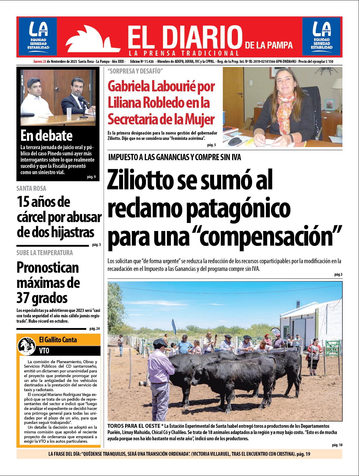 Tapa de El Diario en papel  jueves 23 de noviembre de 2023